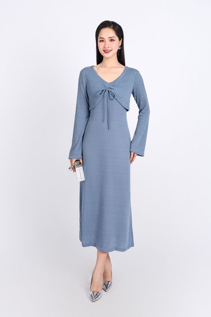 BAT93249 - Áo khoác mỏng vải thô chun co giãn dáng croptop cổ chữ V xoắn ngực thắt dây nơ - PANTIO