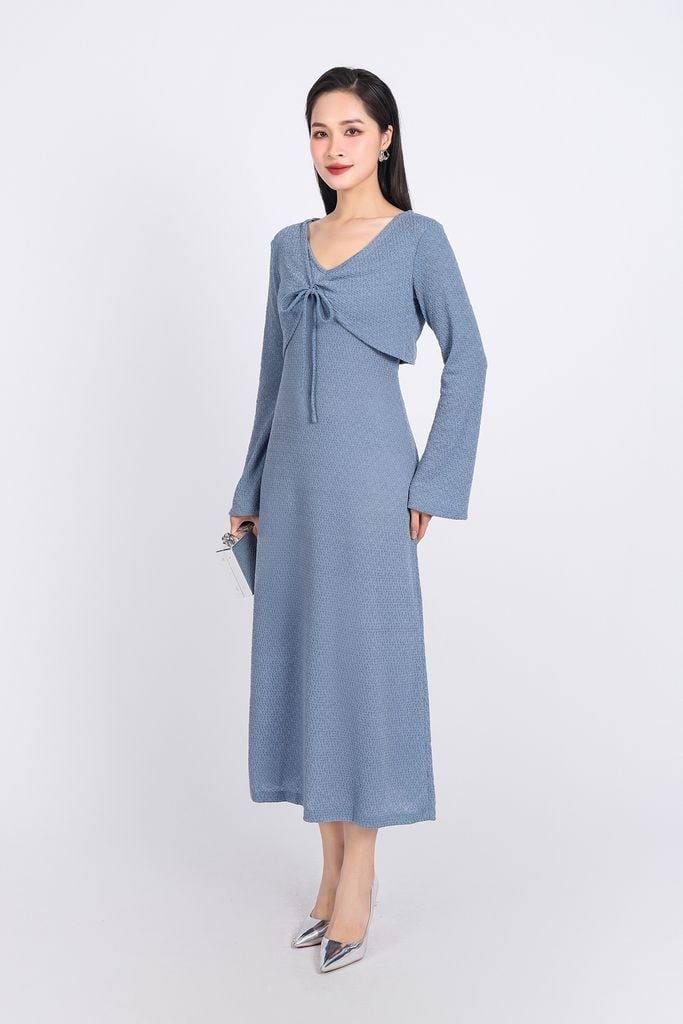 BAT93249 - Áo khoác mỏng vải thô chun co giãn dáng croptop cổ chữ V xoắn ngực thắt dây nơ - PANTIO
