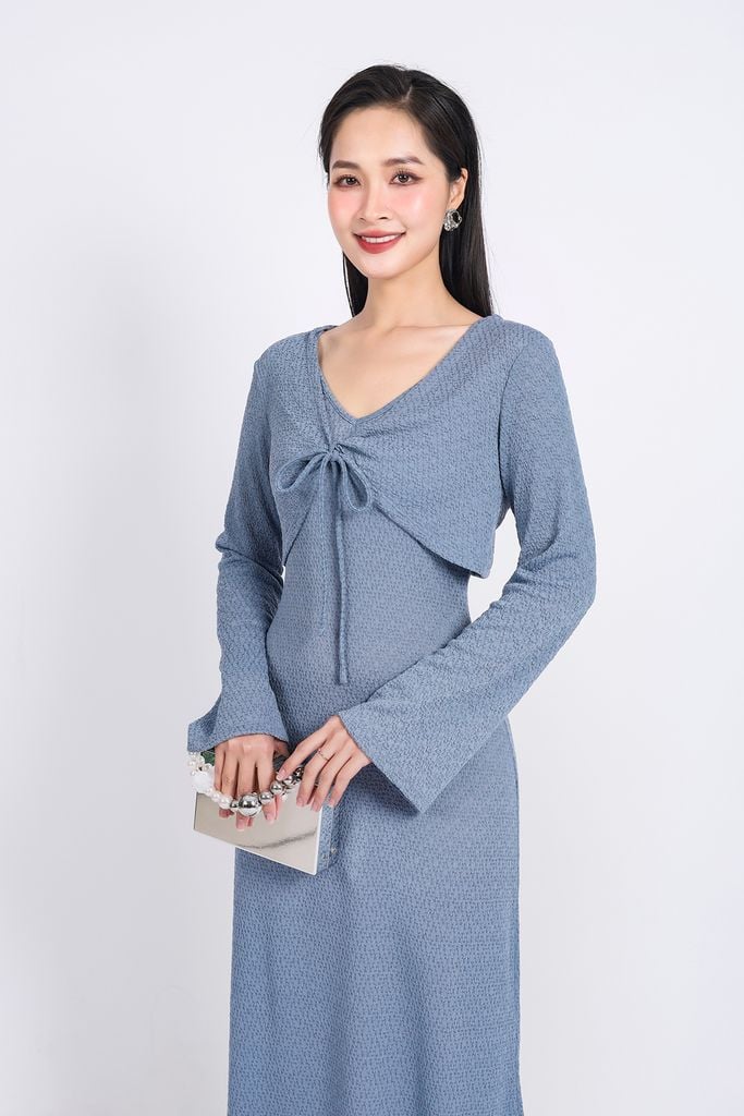 BAT93249 - Áo khoác mỏng vải thô chun co giãn dáng croptop cổ chữ V xoắn ngực thắt dây nơ - PANTIO