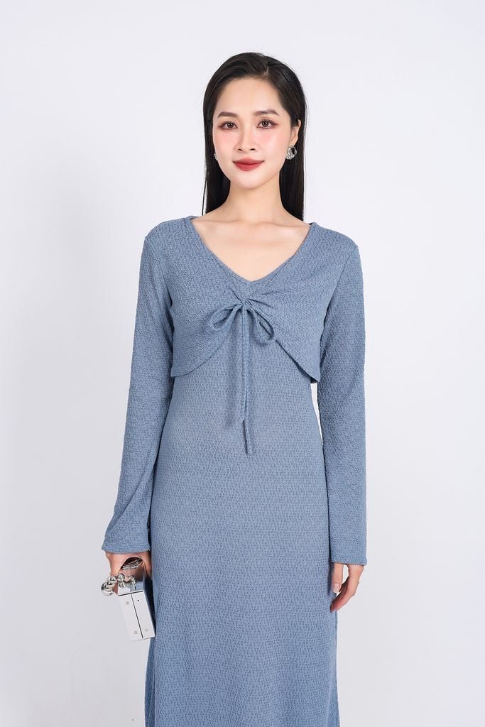 BAT93249 - Áo khoác mỏng vải thô chun co giãn dáng croptop cổ chữ V xoắn ngực thắt dây nơ - PANTIO