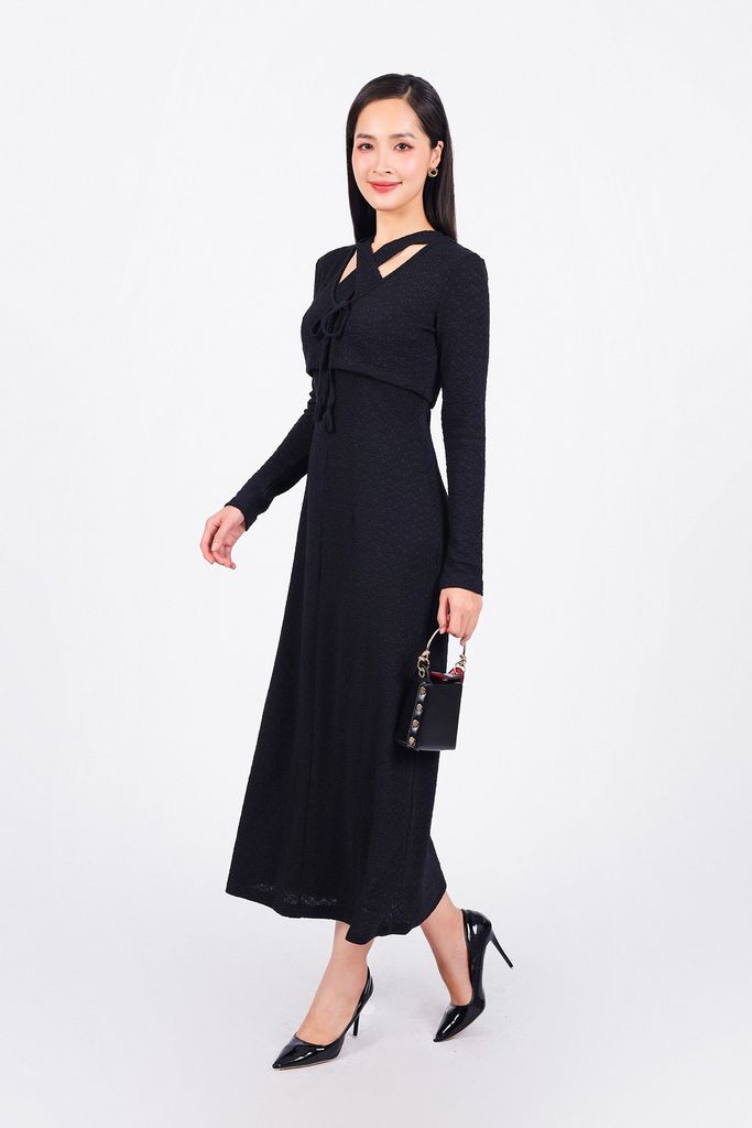 BAT93271 - Áo khoác mỏng vải thô chun co giãn dáng croptop cổ chữ V thắt dây nơ - PANTIO