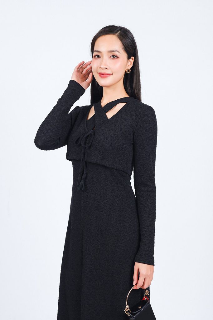 BAT93271 - Áo khoác mỏng vải thô chun co giãn dáng croptop cổ chữ V thắt dây nơ - PANTIO