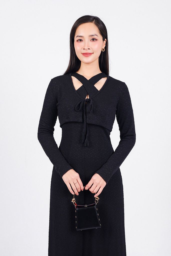 BAT93271 - Áo khoác mỏng vải thô chun co giãn dáng croptop cổ chữ V thắt dây nơ - PANTIO