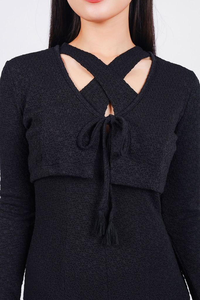 BAT93271 - Áo khoác mỏng vải thô chun co giãn dáng croptop cổ chữ V thắt dây nơ - PANTIO
