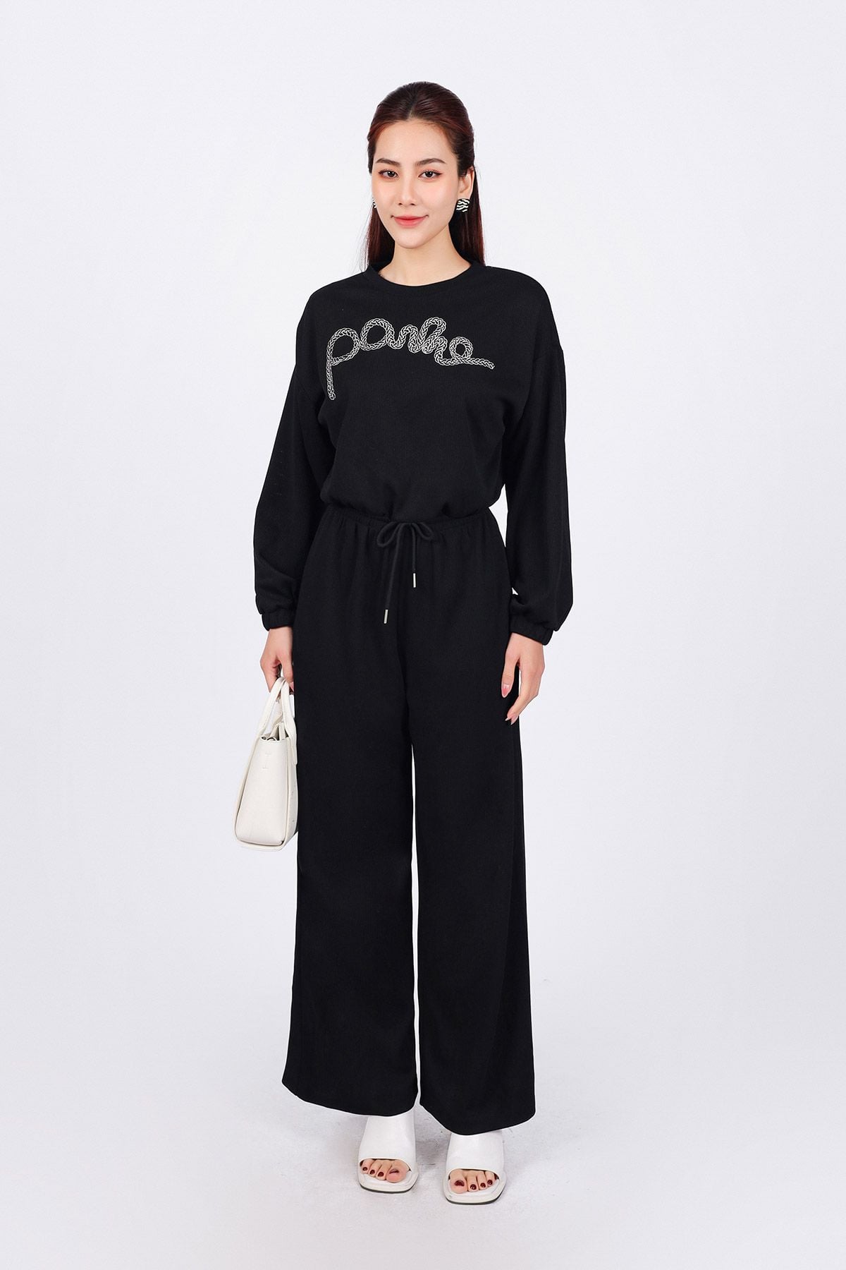 BAT93286 - Áo bộ thể thao vải len dáng lửng cổ tròn tay rộng gấu áo bo chun thân áo hoạ tiết thời trang - PANTIO