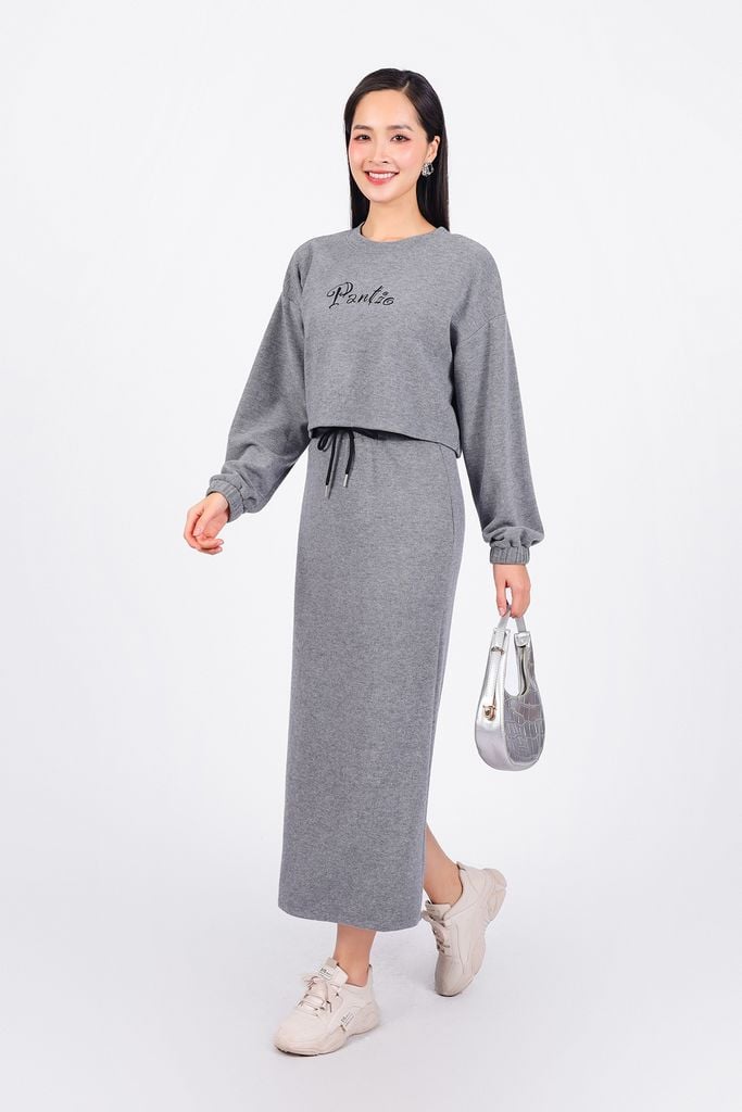 BJD93295 - Chân váy bộ thể thao vải len dáng dài cạp chun co giãn phối dây thắt nơ tạo kiểu - PANTIO