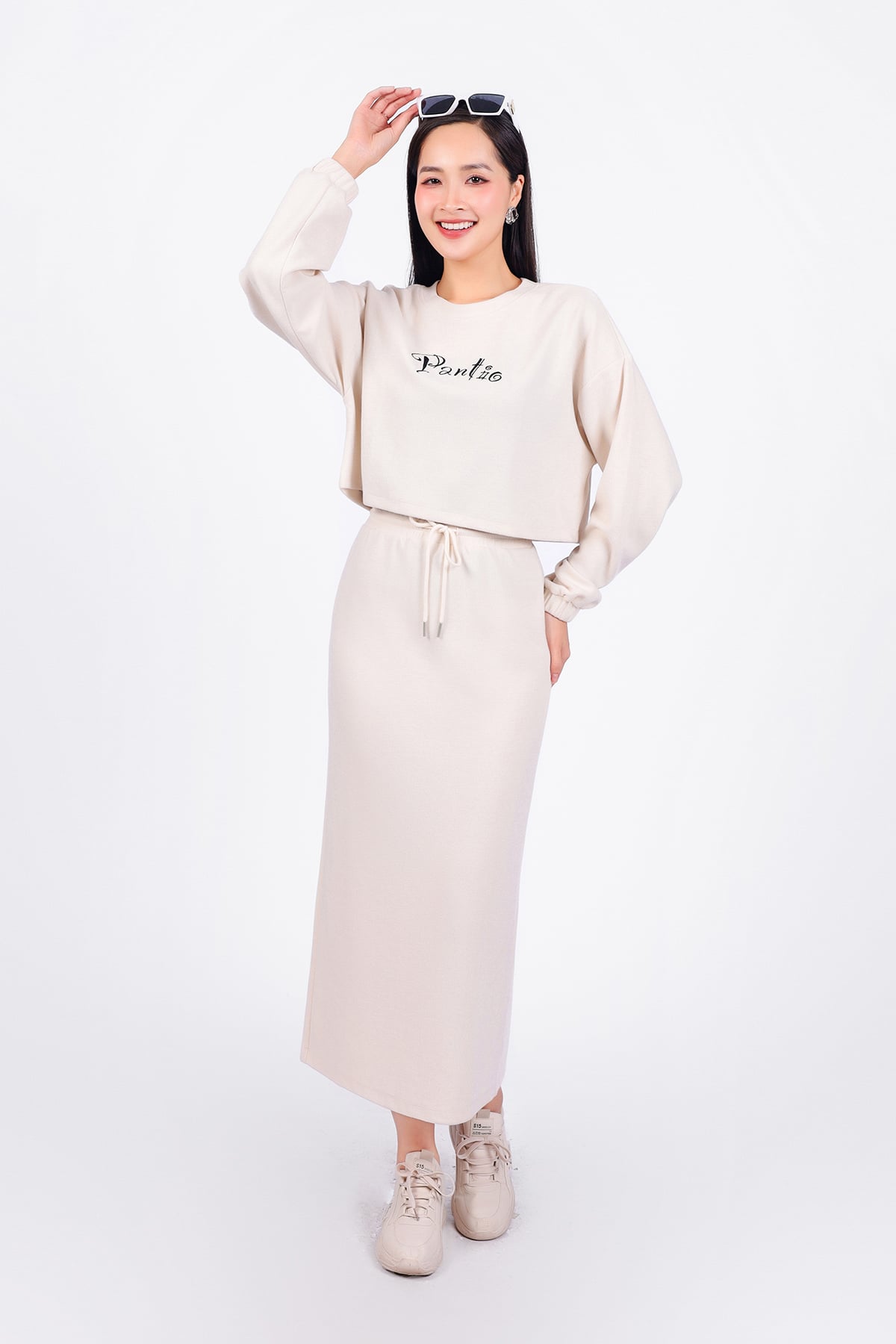 BJD93295 - Chân váy bộ thể thao vải len dáng dài cạp chun co giãn phối dây thắt nơ tạo kiểu - PANTIO