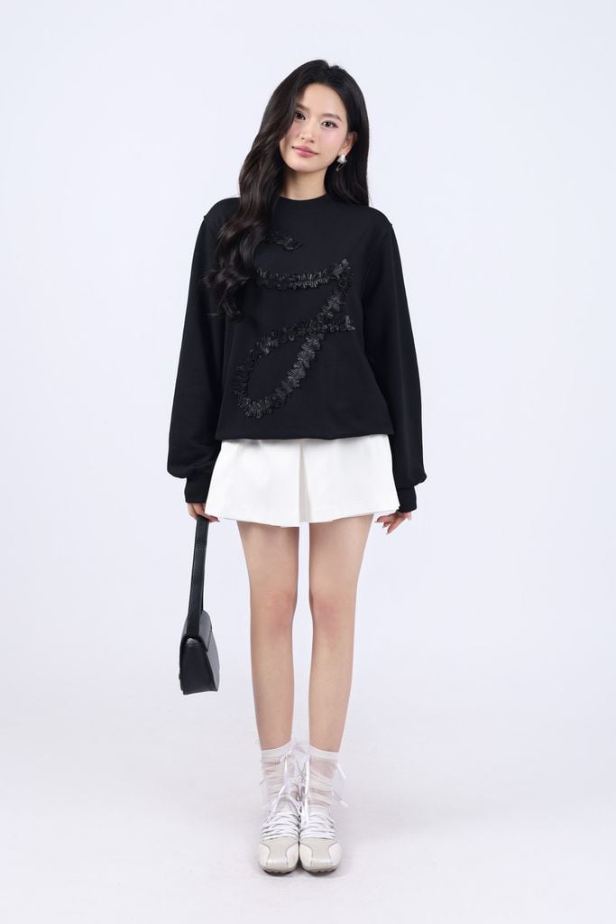 BAT93416 - Áo thun dài tay thời trang dáng suông rộng vải cotton cổ tròn thân áo hoạ tiết ruy băng lụa cao cấp - JAN.