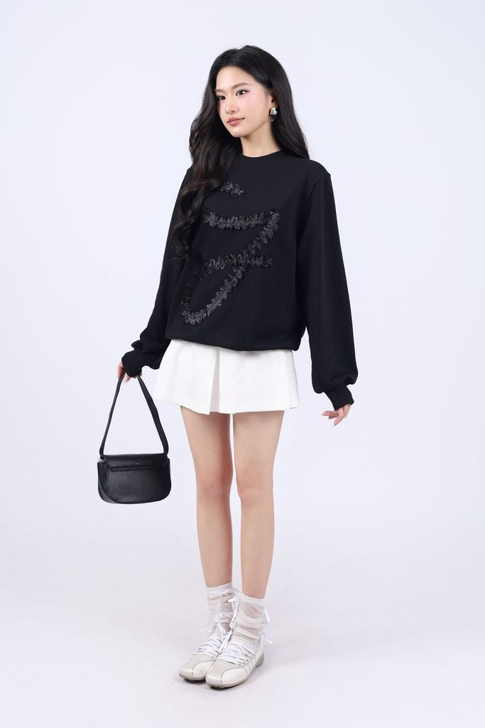 BAT93416 - Áo thun dài tay thời trang dáng suông rộng vải cotton cổ tròn thân áo hoạ tiết ruy băng lụa cao cấp - JAN.