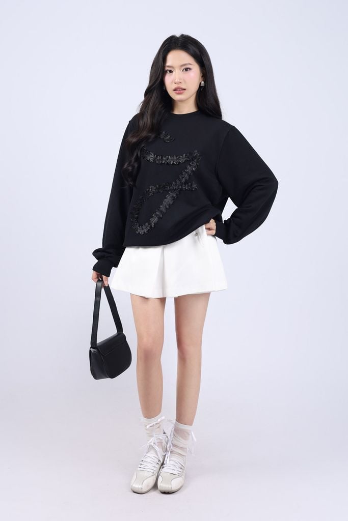 BAT93416 - Áo thun dài tay thời trang dáng suông rộng vải cotton cổ tròn thân áo hoạ tiết ruy băng lụa cao cấp - JAN.