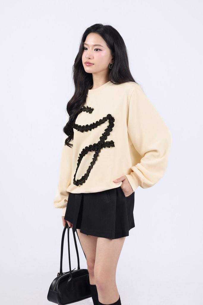 BAT93416 - Áo thun dài tay thời trang dáng suông rộng vải cotton cổ tròn thân áo hoạ tiết ruy băng lụa cao cấp - JAN.