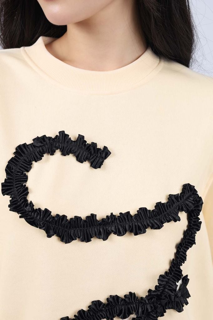 BAT93416 - Áo thun dài tay thời trang dáng suông rộng vải cotton cổ tròn thân áo hoạ tiết ruy băng lụa cao cấp - JAN.