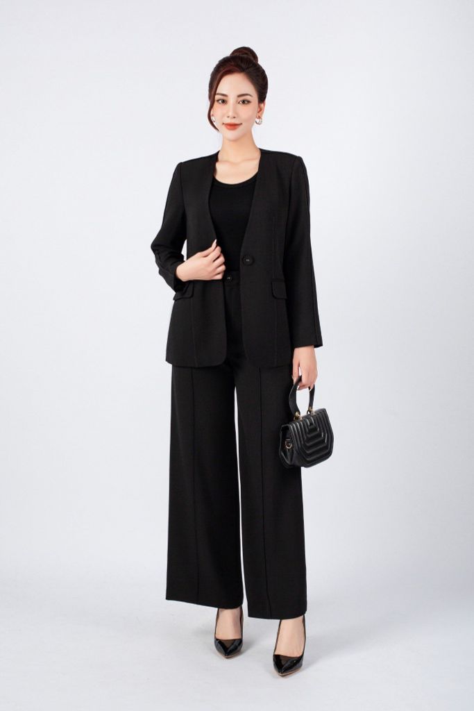BAV13055 - Áo vest công sở vải thô đũi dáng suông có lót vải lụa thân mí gân tạo kiểu phối túi hai bên - PANTIO