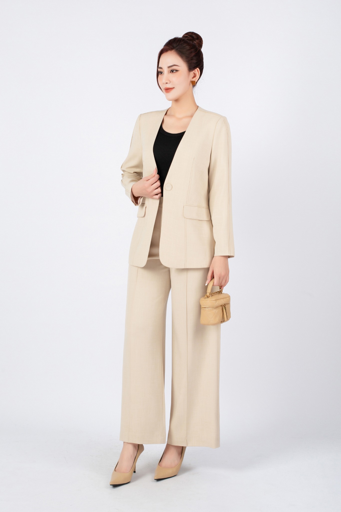 BQD13055 - Quần công sở vải thô đũi dáng suông ống rộng thân mí gân tạo kiểu - PANTIO