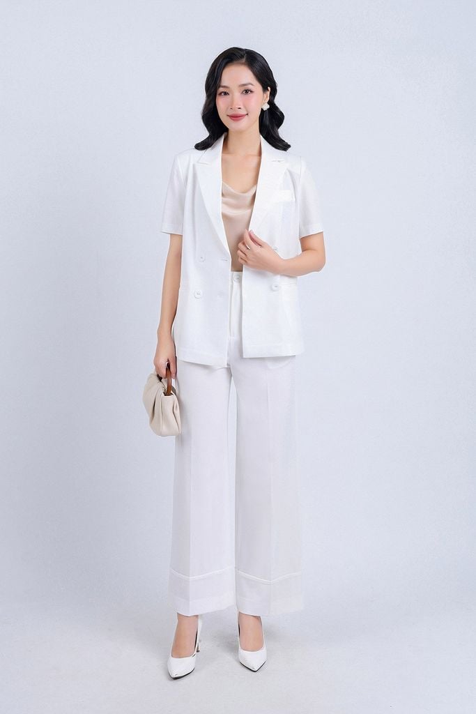 BAV33096 - Áo Vest công sở vải tuyp xy dáng suông cổ hai ve tay cộc sau lưng xẻ tà tạo kiểu - PANTIO