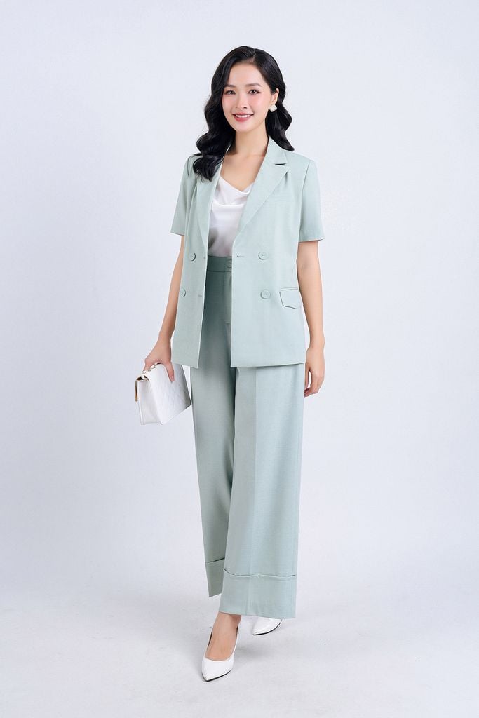 BAV33096 - Áo Vest công sở vải tuyp xy dáng suông cổ hai ve tay cộc sau lưng xẻ tà tạo kiểu - PANTIO