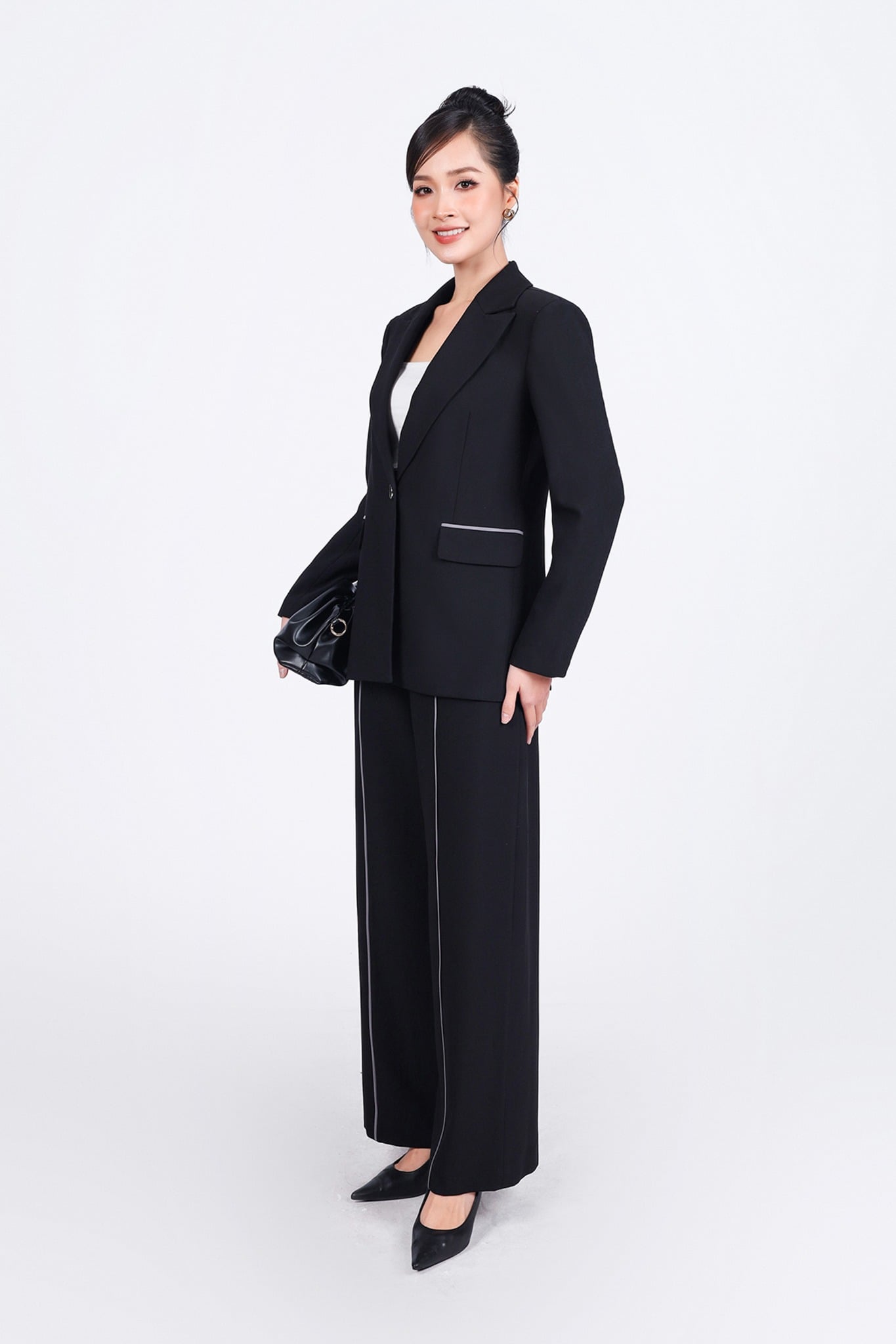 BQD73170 - Quần dài công sở vải tuytsi dáng suông ống đứng hoạ tiết đường kẻ tạo kiểu - PANTIO