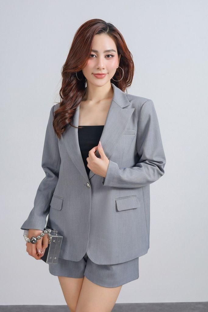 BAV73179 - Áo khoác vest công sở vải thô dáng suông cổ hai ve thân áo đính nắp túi ốp - PANTIO