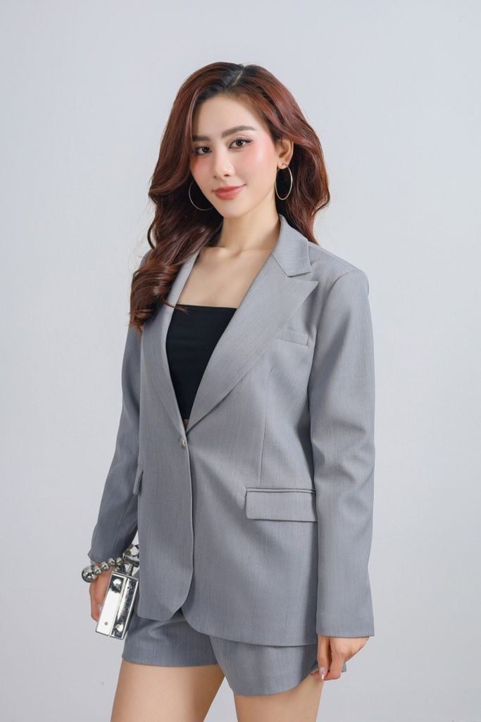 BAV73179 - Áo khoác vest công sở vải thô dáng suông cổ hai ve thân áo đính nắp túi ốp - PANTIO