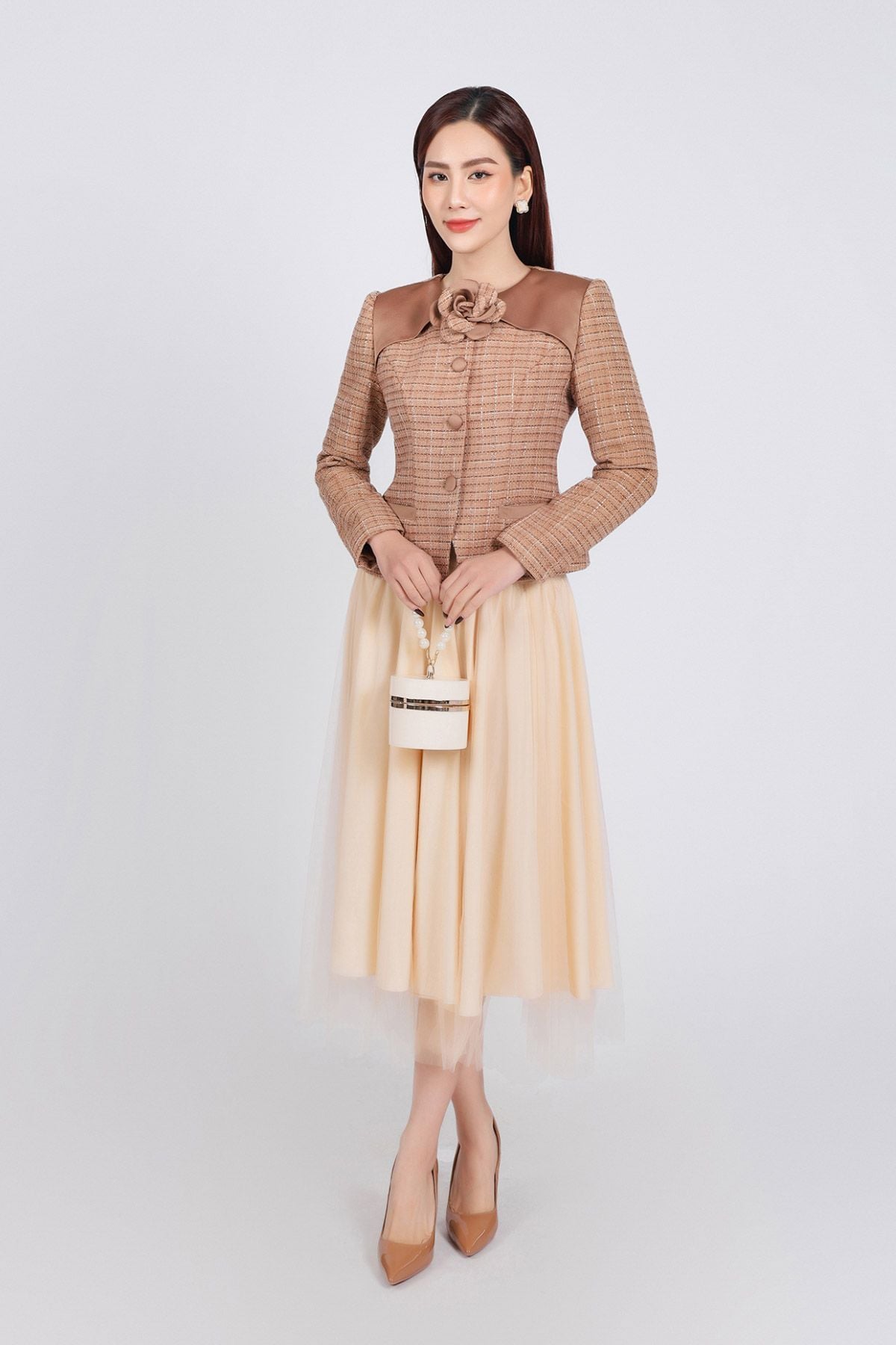 FJD71011 - Chân váy midi vải ren dáng Xoè hai lớp lót lụa cạp bo chun - PANTIO