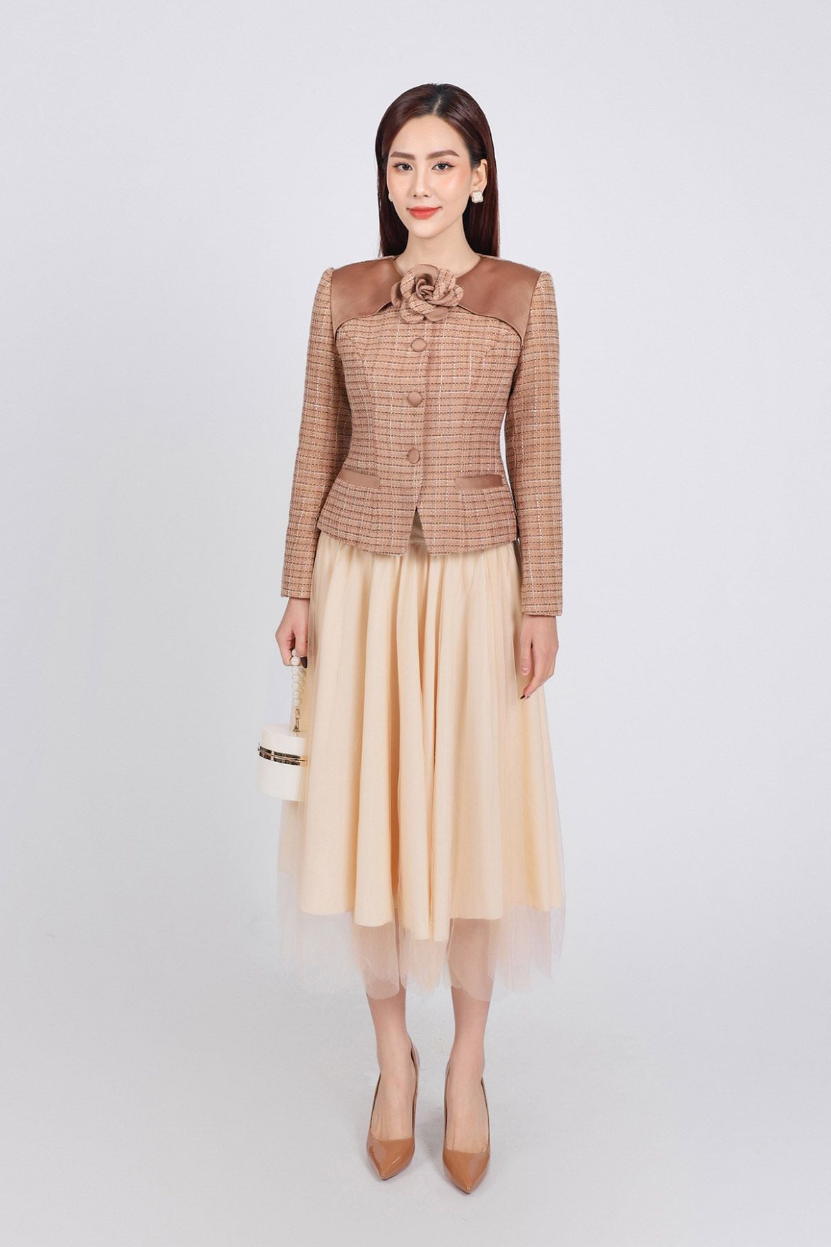 FJD71011 - Chân váy midi vải ren dáng Xoè hai lớp lót lụa cạp bo chun - PANTIO