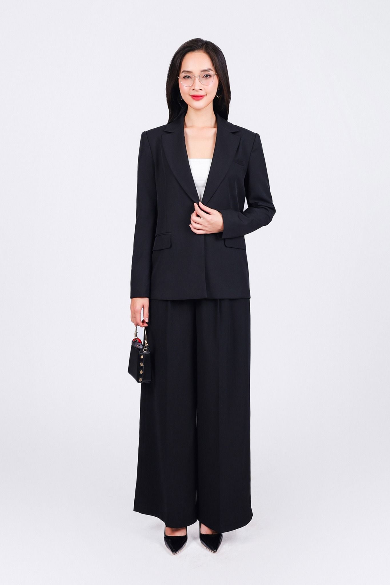 BAV73199 - Áo khoác vest công sở vải thô đũi dáng suông cổ hai ve thân áo đính khuy tạo kiểu có đính nắp túi trang trí - PANTIO