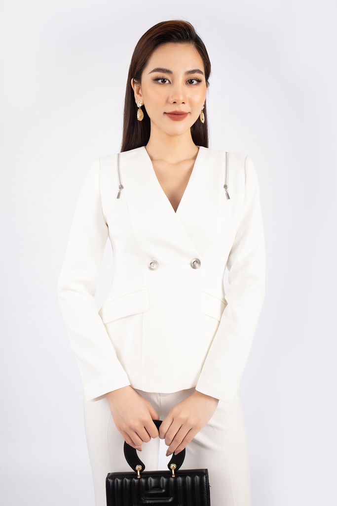 BAV92703 - Áo vest nữ công sở vải thô dáng ôm cổ V phối khóa kim loại trang trí - PANTIO