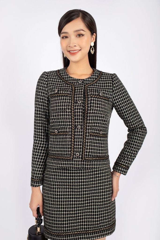 BAV92714 - Áo vest nữ vải dạ dáng suông cổ tròn phối dây ren và khuy trang trí - PANTIO