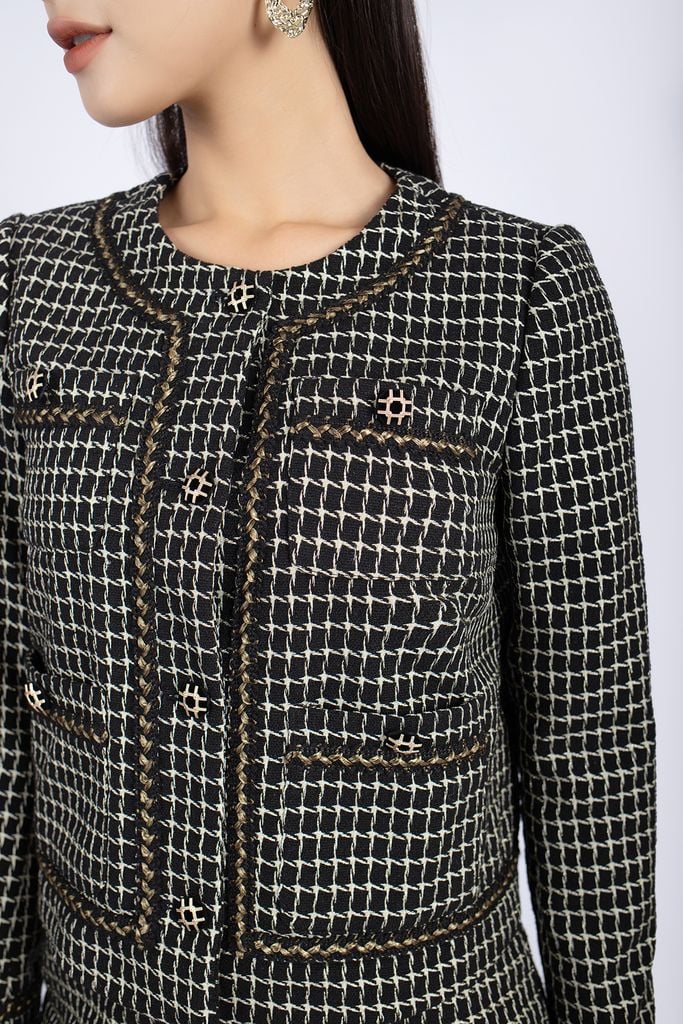 BAV92714 - Áo vest nữ vải dạ dáng suông cổ tròn phối dây ren và khuy trang trí - PANTIO