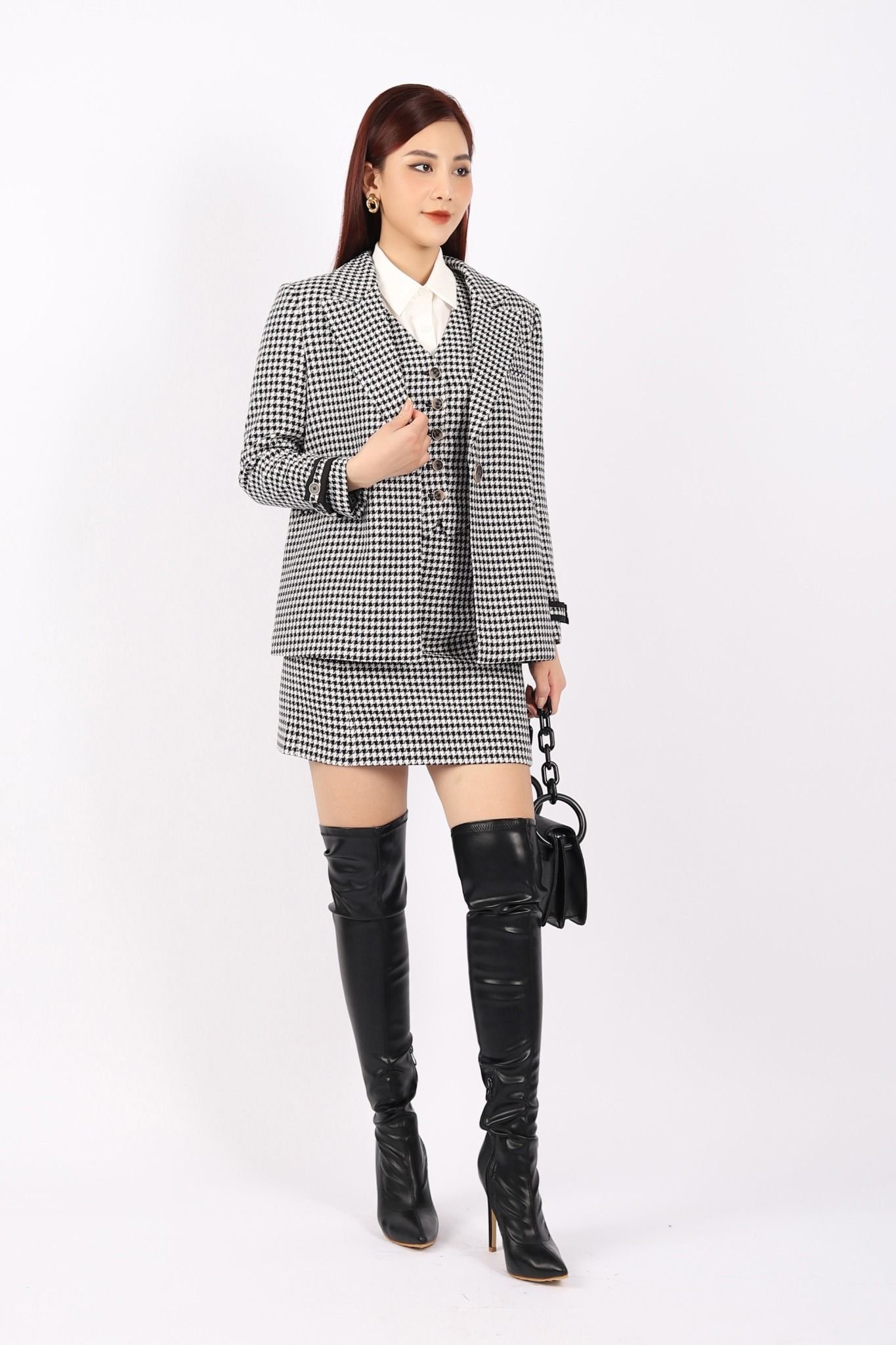 BAV92936 - Áo vest nữ công sở vải dạ dáng suông có lót vải lụa gió cổ hai ve tay phối đai tạo kiểu - PANTIO