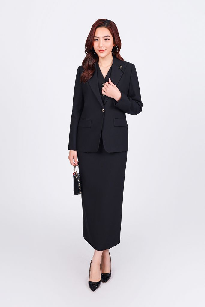 BAV93269 - Áo khoác vest công sở vải tuytsi dáng suông cổ hai ve đính đá kim loại tạo kiểu - PANTIO