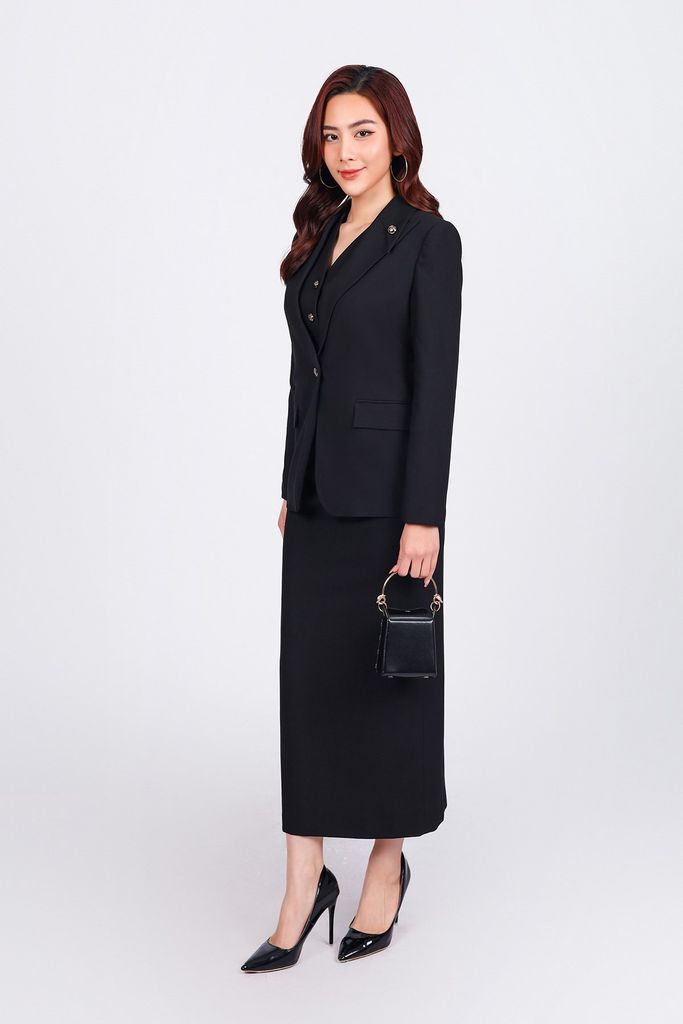 BAV93269 - Áo khoác vest công sở vải tuytsi dáng suông cổ hai ve đính đá kim loại tạo kiểu - PANTIO