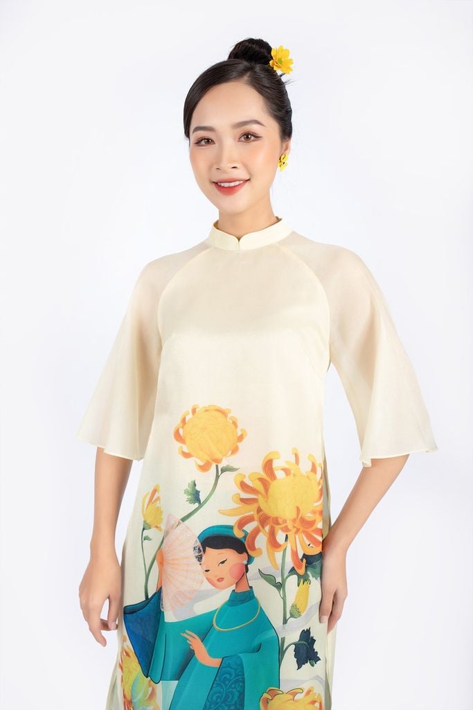 BDA10117 - Áo dài cách tân vải tơ dáng suông cổ cao 2cm thân in họa tiết tay loe khóa thân sau - PANTIO
