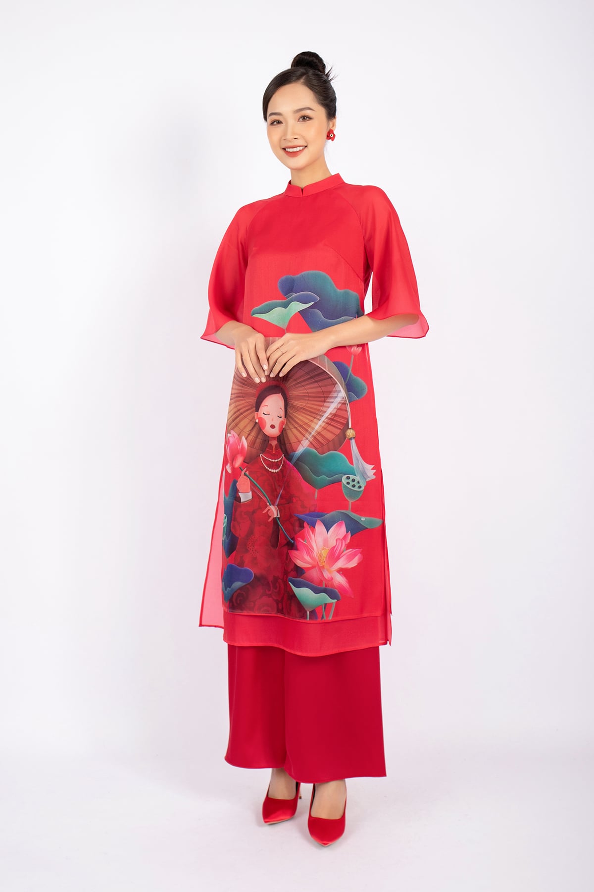 BDA10117 - Áo dài cách tân vải tơ dáng suông cổ cao 2cm thân in họa tiết tay loe khóa thân sau - PANTIO