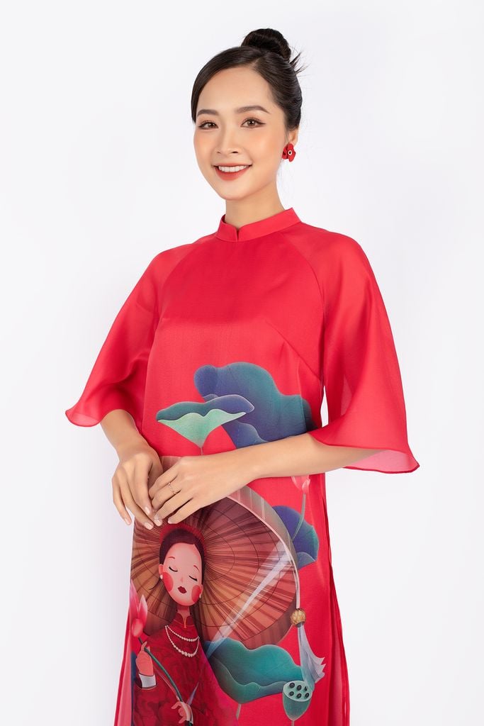 BDA10117 - Áo dài cách tân vải tơ dáng suông cổ cao 2cm thân in họa tiết tay loe khóa thân sau - PANTIO