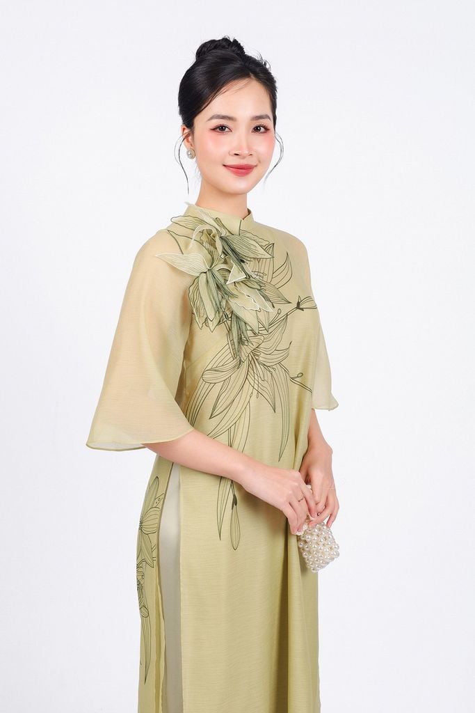 BDA50155 - Áo dài cách tân vải tơ dáng suông dài hai tà cổ tàu tay áo giác lăng thân áo đính hoa 3D cao cấp - PANTIO