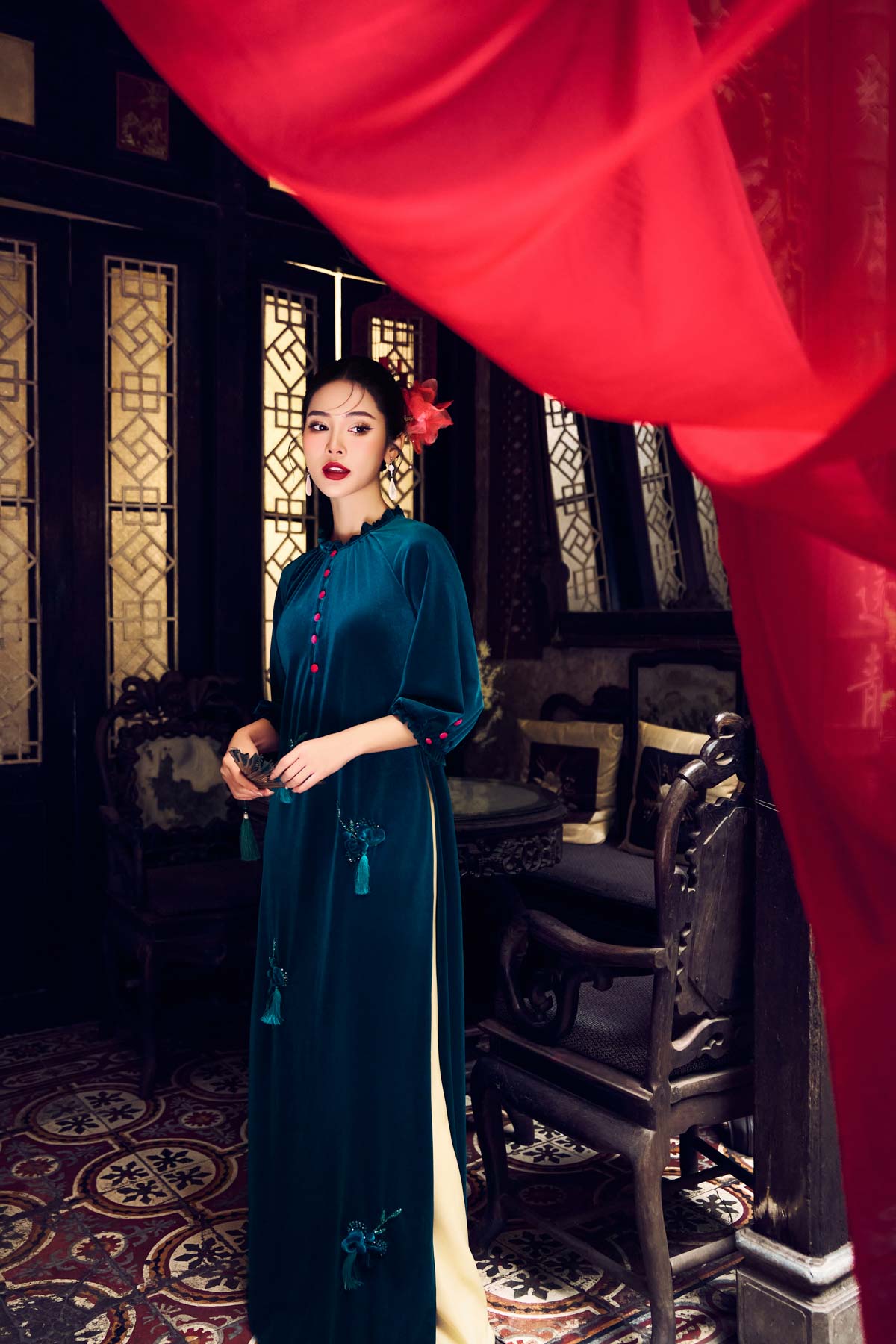 BDQ50087 - Quần dài truyền thống vải lụa dáng suông ống rộng cạp liền - PANTIO