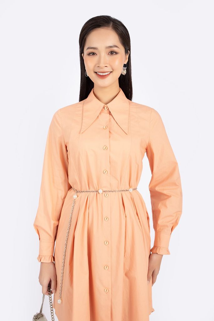 BDC92761 - Đầm dạo phố vải thô dáng suông cổ đức đầu nhọn nẹp tay xếp bèo - PANTIO