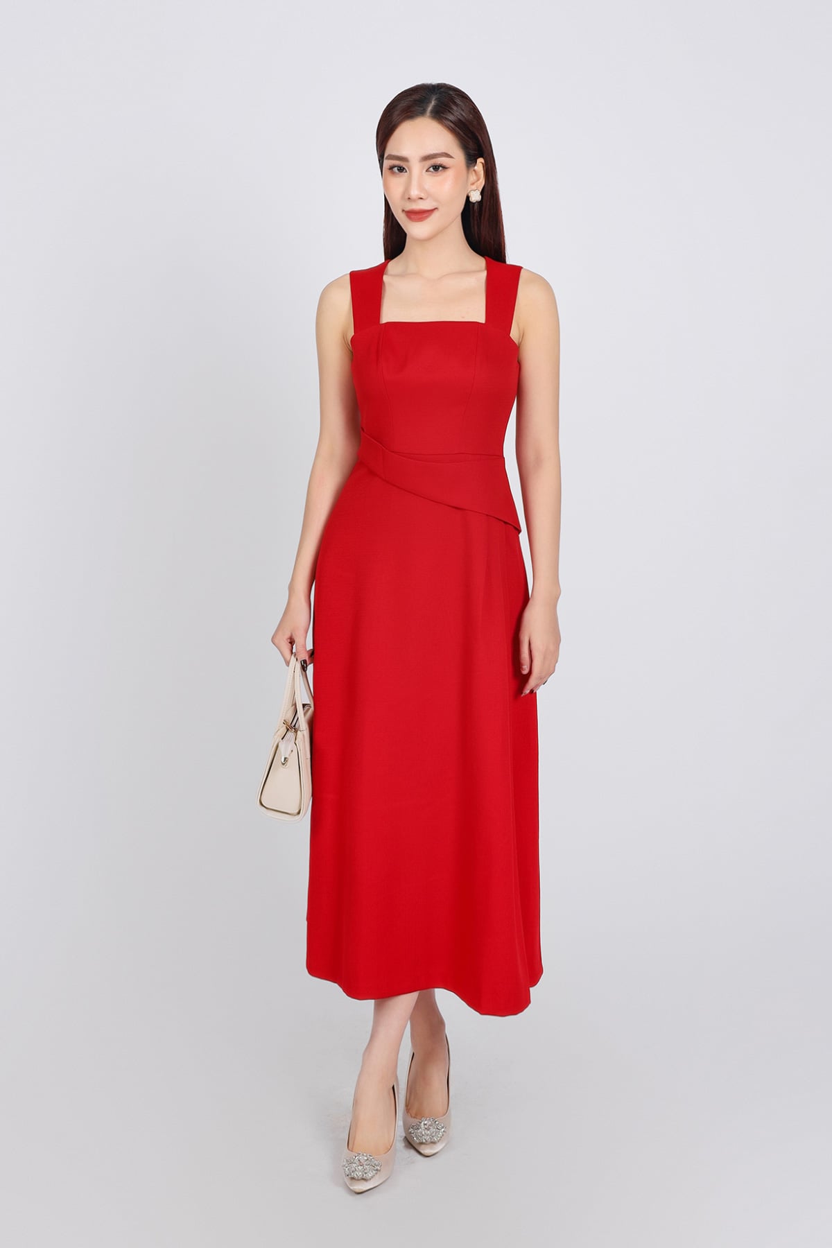 BDC93232 - Đầm công sở vải thô dày dáng hai dây suông eo đính vạt lệch bất đối xứng - PANTIO