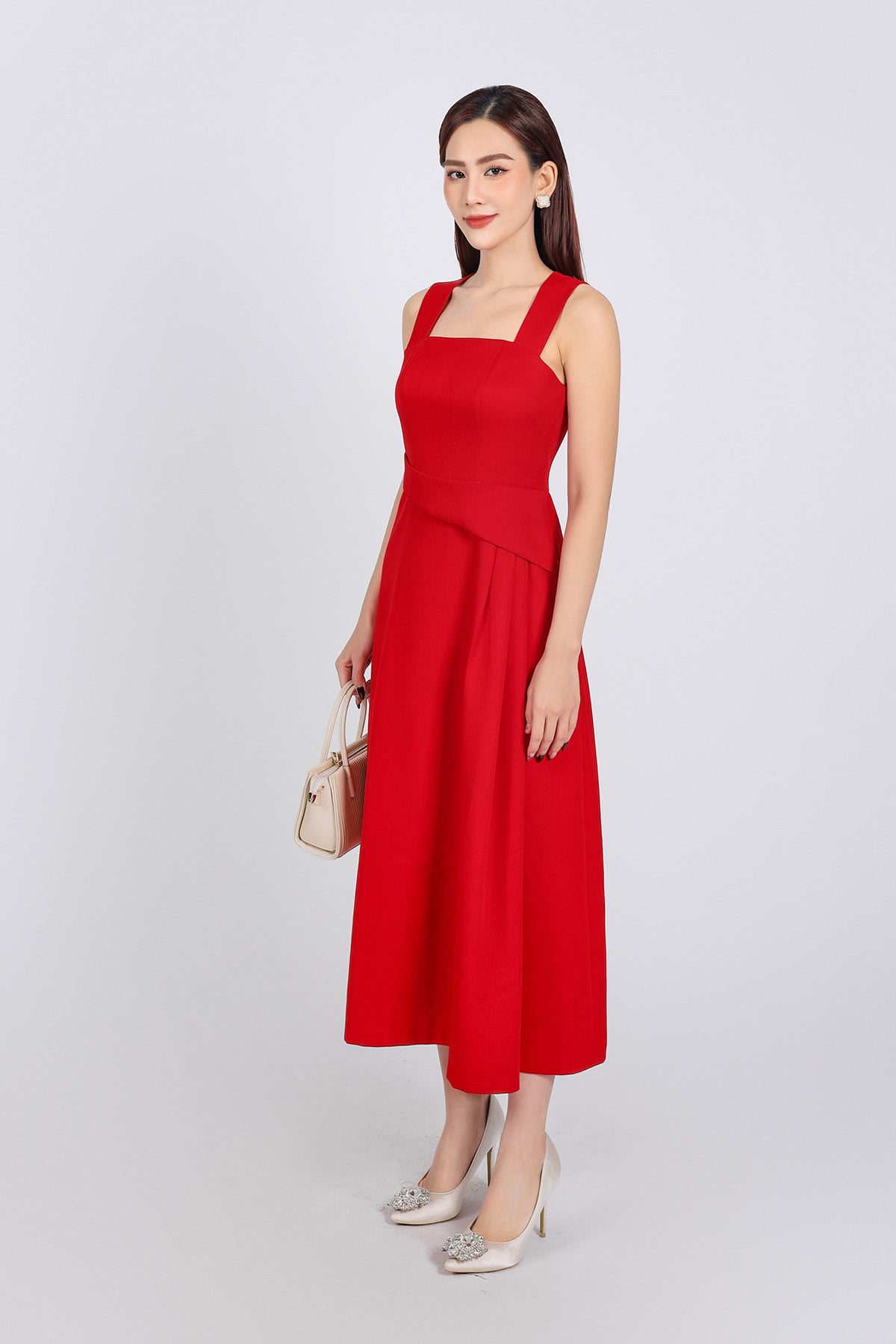 BDC93232 - Đầm công sở vải thô dày dáng hai dây suông eo đính vạt lệch bất đối xứng - PANTIO