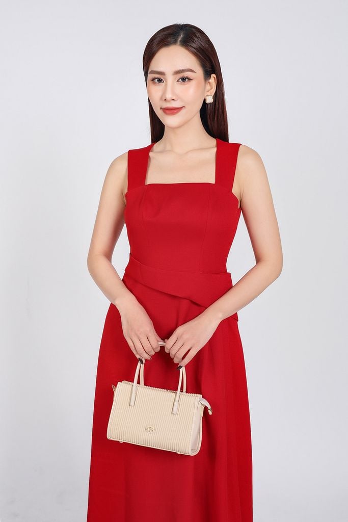 BDC93232 - Đầm công sở vải thô dày dáng hai dây suông eo đính vạt lệch bất đối xứng - PANTIO