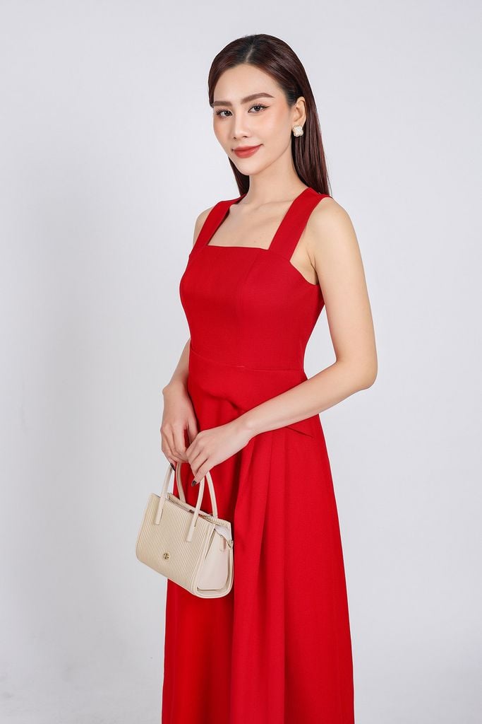 BDC93232 - Đầm công sở vải thô dày dáng hai dây suông eo đính vạt lệch bất đối xứng - PANTIO