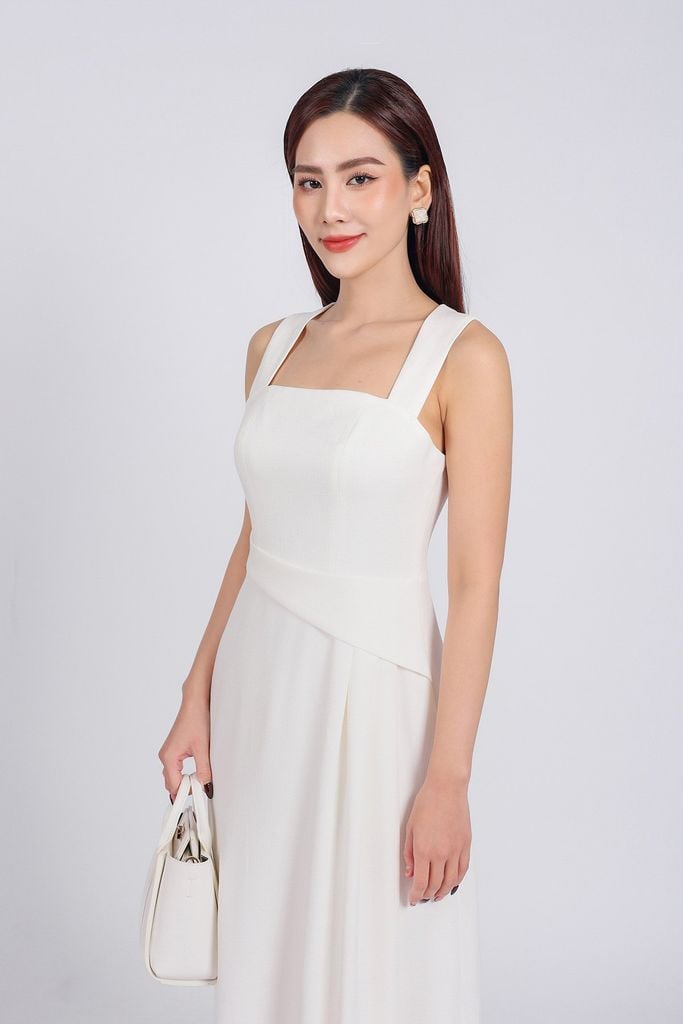 BDC93232 - Đầm công sở vải thô dày dáng hai dây suông eo đính vạt lệch bất đối xứng - PANTIO
