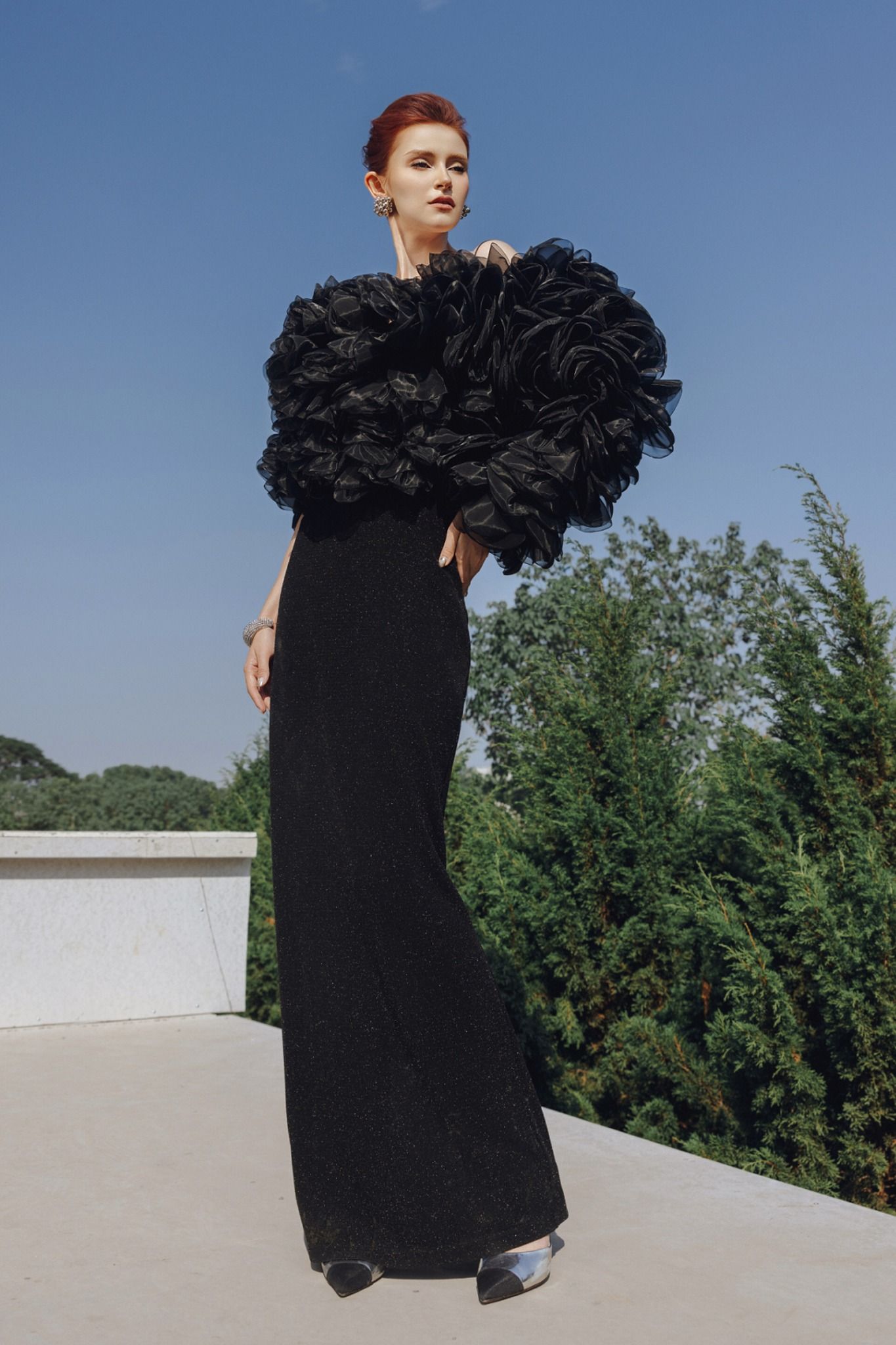 BDH93449 - Đầm dạ hội cao cấp vải len dáng suông hai dây ngực đính đá thời trang thân sau xẻ tà - PANTIO