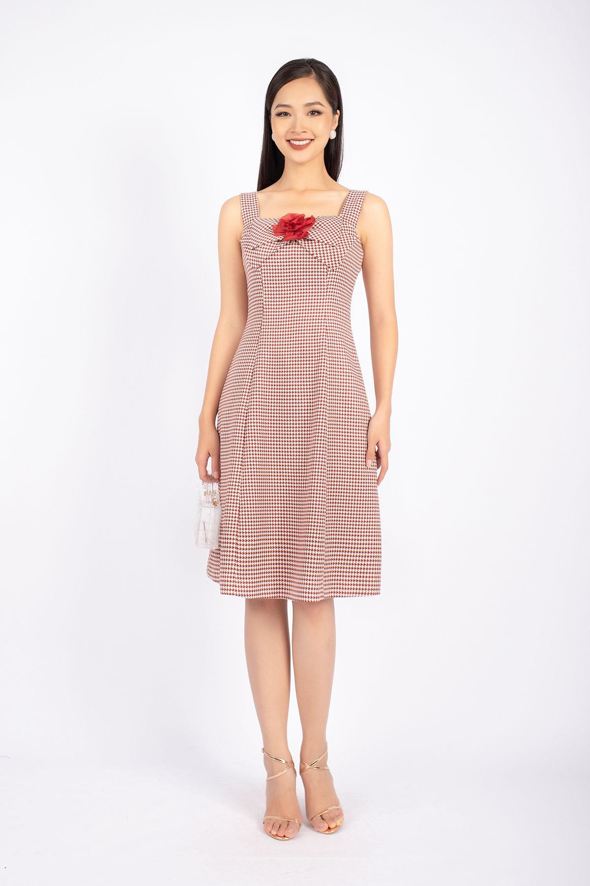 BDP72680 - Đầm dạo phố vải dạ dáng A cổ vuông phối ly kèm hoa cài áo - PANTIO