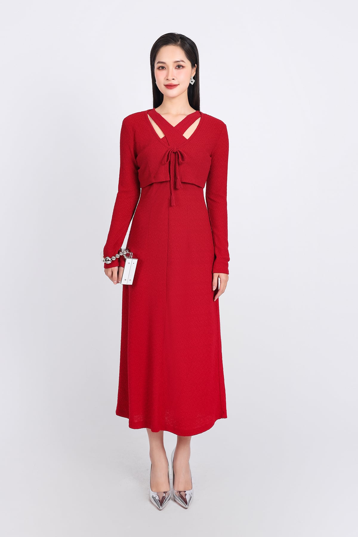 BAT93271 - Áo khoác mỏng vải thô chun co giãn dáng croptop cổ chữ V thắt dây nơ - PANTIO