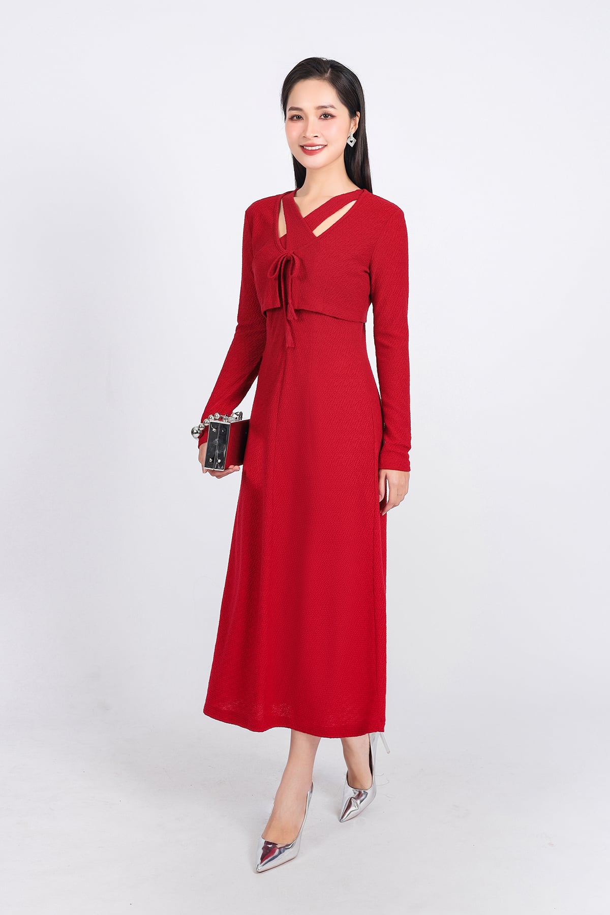 BAT93271 - Áo khoác mỏng vải thô chun co giãn dáng croptop cổ chữ V thắt dây nơ - PANTIO