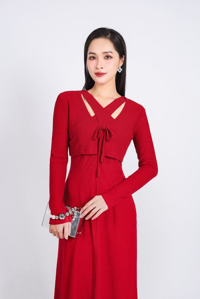 BAT93271 - Áo khoác mỏng vải thô chun co giãn dáng croptop cổ chữ V thắt dây nơ - PANTIO
