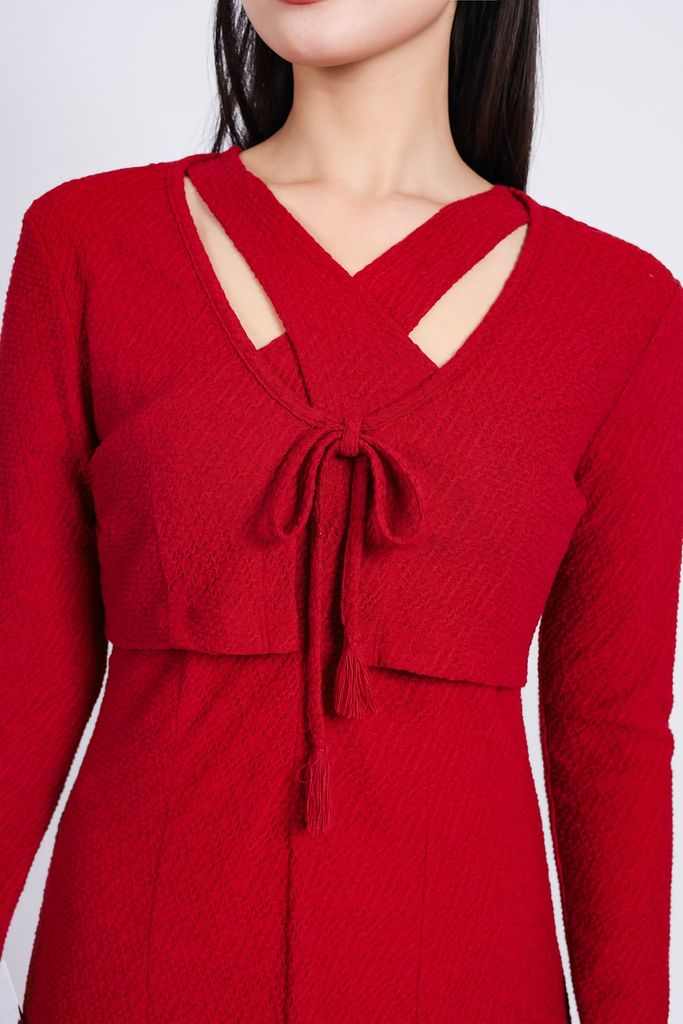 BAT93271 - Áo khoác mỏng vải thô chun co giãn dáng croptop cổ chữ V thắt dây nơ - PANTIO