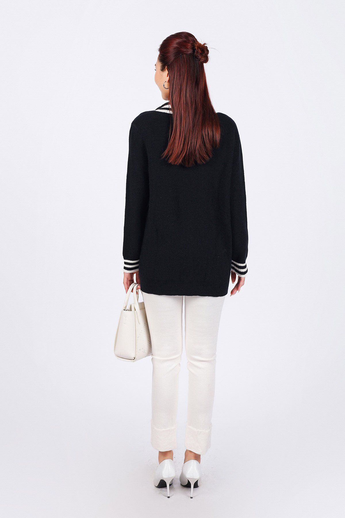 BKL469 - Áo khoác len cardigan cao cấp dáng suông cổ V sâu có túi hoạ tiết viền kẻ thời trang - PANTIO